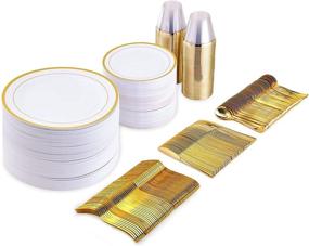 img 4 attached to 600 Piece Gold Dinnerware Set for Party or Wedding - Elegant Disposable Gold Plastic Plates, Silverware, and Cups for 100 Guests