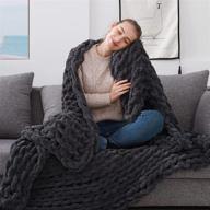 zonli chunky knit blanket, 60x80 - handmade large soft cable knitted throw blanket, boho fluffy thick woven blanket, chenille blanket for sofa, chair, bed (dark grey) logo