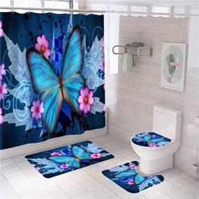 img 4 attached to 🦋 Waterproof Blue Butterfly Floral Shower Curtain Set with Rugs, Toilet Lid Cover, and Bath Mat - Complete Bathroom Décor with 12 Hooks
