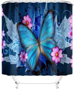img 3 attached to 🦋 Waterproof Blue Butterfly Floral Shower Curtain Set with Rugs, Toilet Lid Cover, and Bath Mat - Complete Bathroom Décor with 12 Hooks