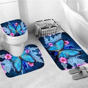 img 2 attached to 🦋 Waterproof Blue Butterfly Floral Shower Curtain Set with Rugs, Toilet Lid Cover, and Bath Mat - Complete Bathroom Décor with 12 Hooks