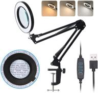 🔍 adjustable swing arm led magnifier desk lamp with light and stand - 5x, 3 color modes stepless dimming, 5-diopter glass lens - ideal for close work, repair, crafts, reading, sewing логотип