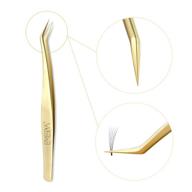 💫 emeda eyelash extension tweezers - precision stainless steel 45 degree curved angled tweezers with fine tips for lash extension supplies, make fans like a pro, 17mm, golden lashing volume tool logo