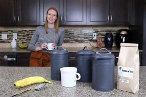 img 2 attached to Modern Farmhouse Industrial Kitchen Canisters: Set of 3 Metal Containers with Airtight Lids for Countertop Coffee, Food Storage - Charcoal Grey, All One-Size (8 Inches High with Lids, 4.5 Inches Diameter)