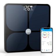 roffie digital body fat scale, smart bmi weight scale with wireless connectivity and accurate body composition analysis, high-precision health monitor up to 400 lbs, tempered glass design, syncs with smartphone app, black logo