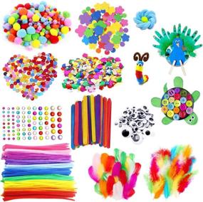 img 4 attached to 🎨 1900+ Colorful Pipe Cleaners Craft Kit with Wiggle Googly Eyes, Pom Poms, Buttons, Feathers, Ice Cream Sticks, Sequins, and More for Kids DIY Art Crafts Supplies