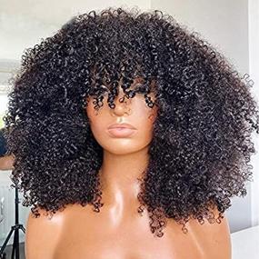 img 2 attached to 16 inch Afro Kinky Curly Wig with Full Machine Made Scalp Top: 200 Density, Virgin Brazilian Short Curly Human Hair Wigs with Bangs, Natural Color