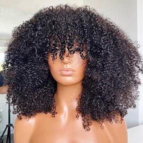 img 1 attached to 16 inch Afro Kinky Curly Wig with Full Machine Made Scalp Top: 200 Density, Virgin Brazilian Short Curly Human Hair Wigs with Bangs, Natural Color