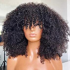 img 3 attached to 16 inch Afro Kinky Curly Wig with Full Machine Made Scalp Top: 200 Density, Virgin Brazilian Short Curly Human Hair Wigs with Bangs, Natural Color