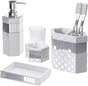 img 4 attached to Creative Scents White Bathroom Accessories Set - 4 Piece Gift Pack with Quilted Mirror Accents