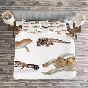 img 1 attached to 🦎 Ambesonne Reptile Bedspread, Colorful Leopard Gecko Family Image, Wildlife Art Print, Quilted 3 Piece Coverlet Set with 2 Pillow Shams, Queen Size, White Beige