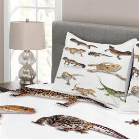 img 2 attached to 🦎 Ambesonne Reptile Bedspread, Colorful Leopard Gecko Family Image, Wildlife Art Print, Quilted 3 Piece Coverlet Set with 2 Pillow Shams, Queen Size, White Beige