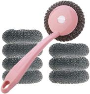 🧽 pack of 8 kitchen stainless steel sponges scourer set with handle - pot brush and large stainless steel scrubbers for efficient kitchen cleaning tool in nordic pink logo