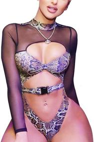 img 3 attached to Women's Snakeskin Front Buckle Sheer Bodysuit Halterneck Swimsuit with Long Sleeves for Dance Party Clubwear