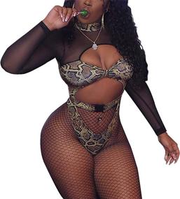 img 4 attached to Women's Snakeskin Front Buckle Sheer Bodysuit Halterneck Swimsuit with Long Sleeves for Dance Party Clubwear