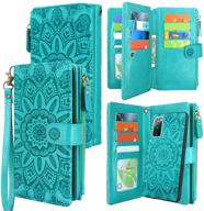 harryshell detachable magnetic zipper wallet leather case cash pocket with 12 card slots holder wrist strap for samsung galaxy s20 fe 5g (2020) floral flower (blue green) logo