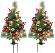 lulu home 2 pack 2 ft pre-lit pathway christmas trees with stake: battery operated 60 led lighted small christmas trees yard stake outdoor decoration with red berries, red balls, pine cones – festive holiday décor! logo