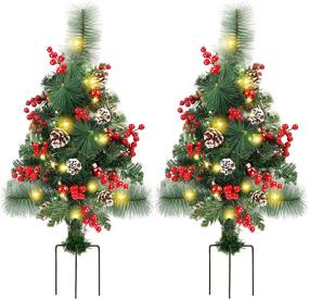 img 4 attached to Lulu Home 2 Pack 2 Ft Pre-Lit Pathway Christmas Trees with Stake: Battery Operated 60 LED Lighted Small Christmas Trees Yard Stake Outdoor Decoration with Red Berries, Red Balls, Pine Cones – Festive Holiday Décor!