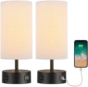 img 1 attached to BOBOMOMO USB Bedside Table Lamp Set of 2 - 15'' Desk Lamps with USB Charging Ports & AC Outlet - Black & White Nightstand Lamp for Bedroom Living Room Study Room