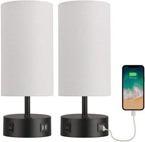 img 2 attached to BOBOMOMO USB Bedside Table Lamp Set of 2 - 15'' Desk Lamps with USB Charging Ports & AC Outlet - Black & White Nightstand Lamp for Bedroom Living Room Study Room