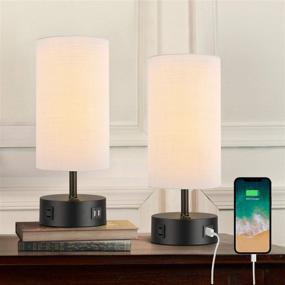 img 4 attached to BOBOMOMO USB Bedside Table Lamp Set of 2 - 15'' Desk Lamps with USB Charging Ports & AC Outlet - Black & White Nightstand Lamp for Bedroom Living Room Study Room