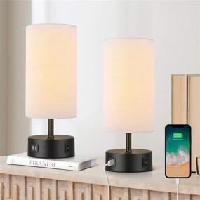 img 3 attached to BOBOMOMO USB Bedside Table Lamp Set of 2 - 15'' Desk Lamps with USB Charging Ports & AC Outlet - Black & White Nightstand Lamp for Bedroom Living Room Study Room