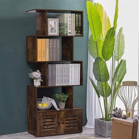 img 2 attached to 📚 DINZI LVJ 5-Tier Geometric Bookcase with Doors: Rustic Brown Wood Bookshelf for Living Room Organization