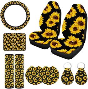 img 4 attached to 🌻 Enhance Your Car's Style with Aulufft Sunflower Seat Covers: Complete 10 Pack Accessories for Women - Including Steering Wheel Cover, Safety Belt Covers, Cup Pads, Armrest Cover, Keychain, and Car Seat Set