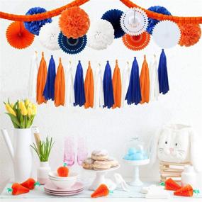 img 3 attached to 🎉 Complete 28PCS Navy Blue Orange White Party Decoration Kit for Birthdays, Bridal Showers, Baby Showers, Weddings & Bachelorette Parties - Tissue Paper Pom Poms, Paper Fans, Tassel Garland, Clover Garland