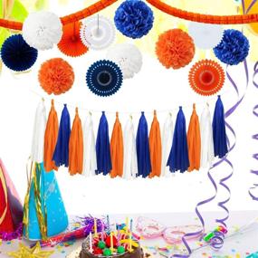img 2 attached to 🎉 Complete 28PCS Navy Blue Orange White Party Decoration Kit for Birthdays, Bridal Showers, Baby Showers, Weddings & Bachelorette Parties - Tissue Paper Pom Poms, Paper Fans, Tassel Garland, Clover Garland