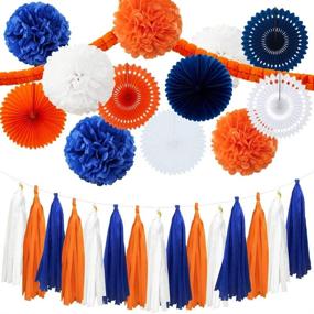img 4 attached to 🎉 Complete 28PCS Navy Blue Orange White Party Decoration Kit for Birthdays, Bridal Showers, Baby Showers, Weddings & Bachelorette Parties - Tissue Paper Pom Poms, Paper Fans, Tassel Garland, Clover Garland