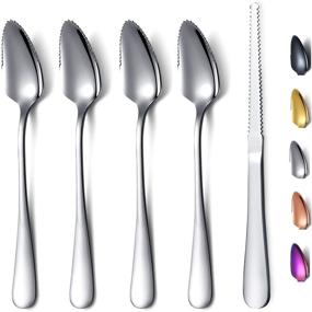 img 4 attached to 🥄 HOMQUEN Grapefruit Spoons Set - 4 Stainless Steel Spoons & 1 Knife with Titanium Plating, Serrated Edges - Pack of 5 Utensils (Silver)