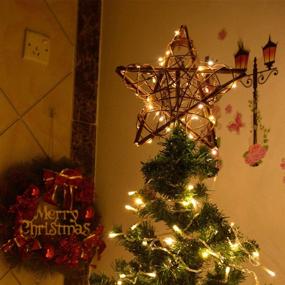 img 3 attached to 🌟 Kingleder Rustic Rattan Star Christmas Tree Topper - Lighted Decorations with Battery Operated Copper Wire Lights for Christmas Tree - Warm White