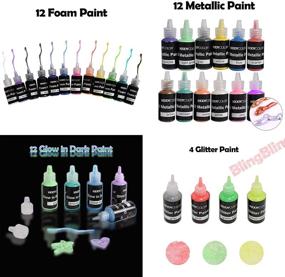 img 2 attached to 🎨 KIDDYCOLOR 40 Colors 3D Fabric Paint Kit - Fluorescent, Glow in The Dark, Glitter, Metallic - Ideal for Clothing, T-Shirt, Glass, Wood, Ceramic - Includes 3 Brushes and Stencils