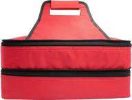 red insulated thermal food carrier with 2 sections and handles - zip around closure, ideal for casseroles, pies, lunch, potluck, picnics, and more - helps to keep food warm - rectangle shape логотип