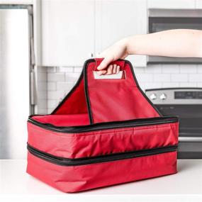 img 1 attached to Red Insulated Thermal Food Carrier with 2 Sections and Handles - Zip Around Closure, Ideal for Casseroles, Pies, Lunch, Potluck, Picnics, and More - Helps to Keep Food Warm - Rectangle Shape