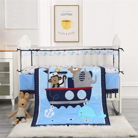 img 4 attached to Blue Animal Baby Crib Bedding Sets – 7 🐒 Piece Monkey Elephant Lion and Giraffe Cotton Set (Sea Journey-7 Piece)