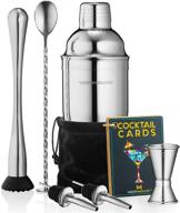 🍸 premium 8-piece mixology cocktail shaker set with 24oz martini shaker barware tool kit, 2 pourers, muddler, jigger, mixing spoon, velvet bag, built-in strainer - silver finish logo