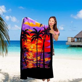 img 3 attached to 🏖️ Large Beach Towel - 100% Cotton Premium Women Adults Bath Towel with Luxury Hotel Quality, Highly Absorbent for Bathroom, Beach, Pool - 71"x41" Sunset Design with Coconut Tree