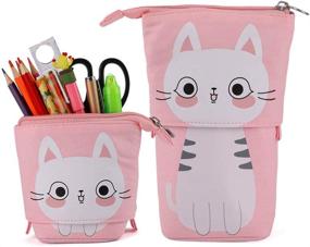 img 4 attached to ISuperb Cartoon Telescopic Pencil Case Stand Up Pencil Pouch Canvas Transformer Pen Bag Cute Zipper Pencil Holder Stationery Makeup Bag For Women (Cat)