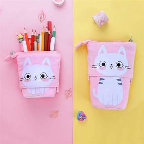 img 3 attached to ISuperb Cartoon Telescopic Pencil Case Stand Up Pencil Pouch Canvas Transformer Pen Bag Cute Zipper Pencil Holder Stationery Makeup Bag For Women (Cat)