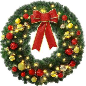 img 4 attached to Lulu Home 24 Inch Pre-lit Christmas Wreath with Hook, Battery Operated Clear LED Lights and Timer - Artificial Door Wreath Decorative Hanging Ornament - Hook Included