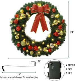 img 3 attached to Lulu Home 24 Inch Pre-lit Christmas Wreath with Hook, Battery Operated Clear LED Lights and Timer - Artificial Door Wreath Decorative Hanging Ornament - Hook Included