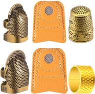 🧵 6 piece copper sewing thimble rings set with adjustable cap - coin finger protectors for sewing, embroidery, knitting, quilting - metal shield with artificial leather logo