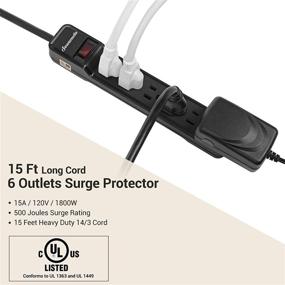 img 3 attached to DEWENWILS 6-Outlet Power Strip Surge Protector with 15FT Long Extension Cord, Low Profile Flat Plug, 15 Amp Circuit Breaker, 500 Joules, Wall Mountable, Black, UL Listed