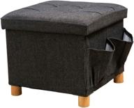 waltsom folding storage ottoman - cube footrest seat stool coffee table with wooden feet, side pockets, double-sided lid, soft padding for home and office - 15x15x15 inches, black logo