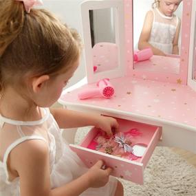 img 2 attached to 🎀 Teamson Kids Pretend Play Vanity Set with Mirror and Chair, Makeup Dressing Table with Drawer, Fashion Twinkle Star Prints, Gisele Play Vanity Set for Kids, Pink and White