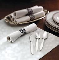 hoffmaster 119978 linen-like caterwrap pre-rolled dinner napkin and heavyweight cutlery, scroll design, white/metallic - case of 100: elegant and convenient table setting solution logo