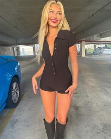 img 1 attached to 👗 Y2K Short Sleeve Bodycon Jumpsuit with Collared Button Down - Sexy One Piece Shorts Romper Playsuit for Women