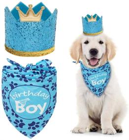 img 4 attached to Adorable Blue Dog Birthday Bandana Set - Triangle Scarf with Crown Hat for Pet Parties!